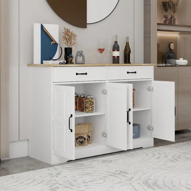 Buffet bahut de ferme marron/blanc avec 2 tiroirs et 4 portes