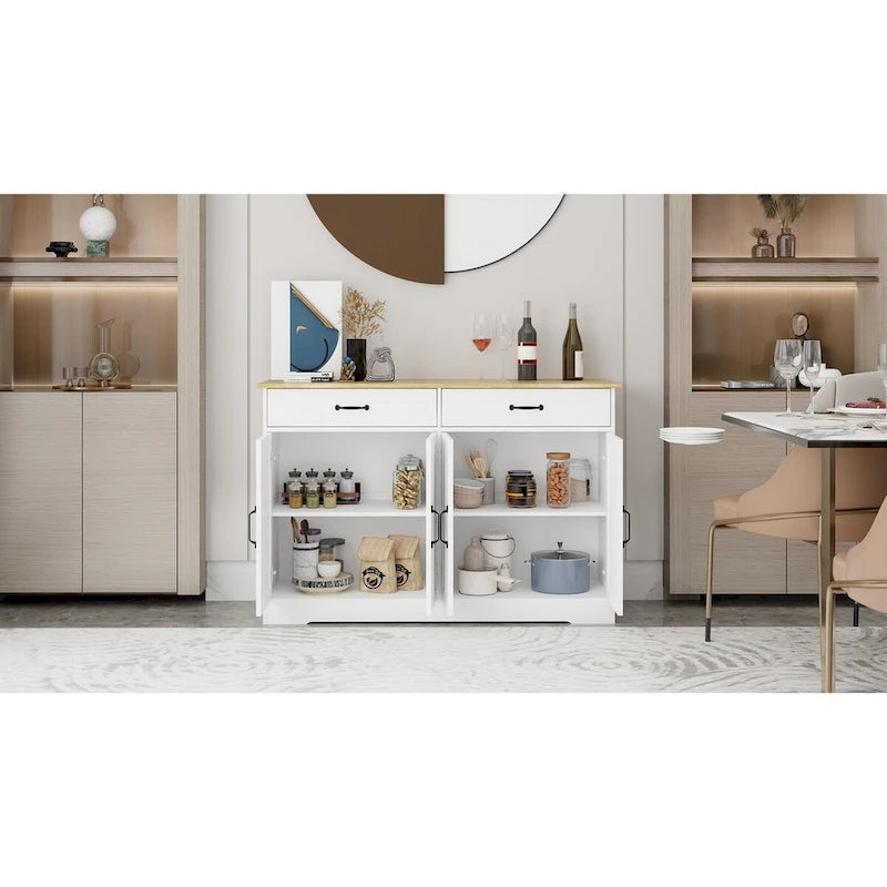 Buffet bahut de ferme marron/blanc avec 2 tiroirs et 4 portes