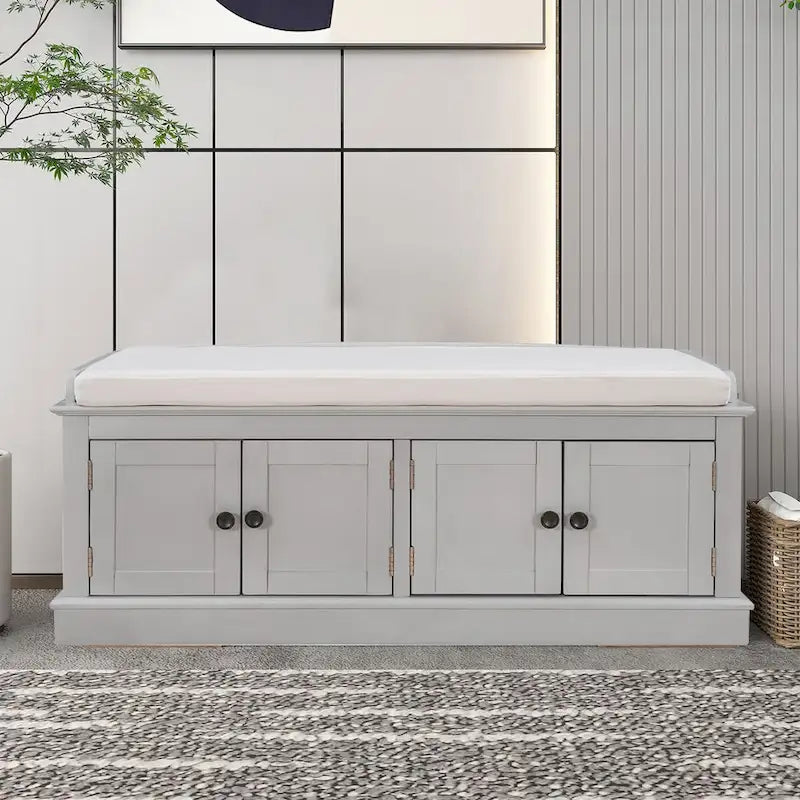 Banc de rangement vintage 1 place avec 2 armoires - Gris délavé / Espresso / Bleu marine antique / Blanc
