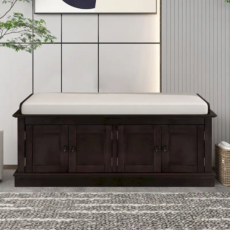 Banc de rangement vintage 1 place avec 2 armoires - Gris délavé / Espresso / Bleu marine antique / Blanc