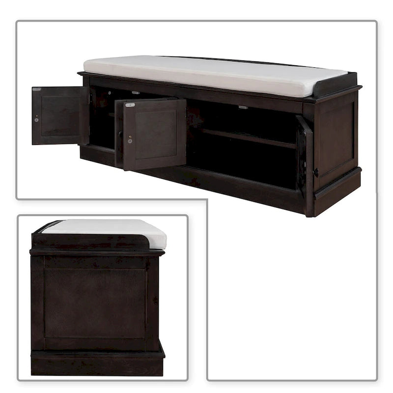 Banc de rangement vintage 1 place avec 2 armoires - Gris délavé / Espresso / Bleu marine antique / Blanc