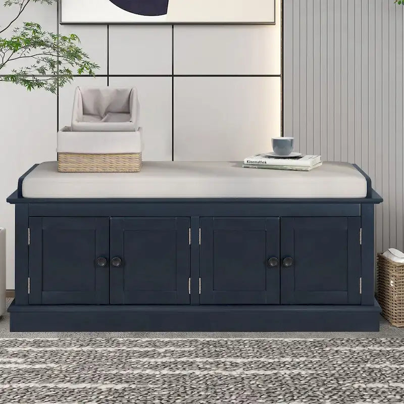 Banc de rangement vintage 1 place avec 2 armoires - Gris délavé / Espresso / Bleu marine antique / Blanc