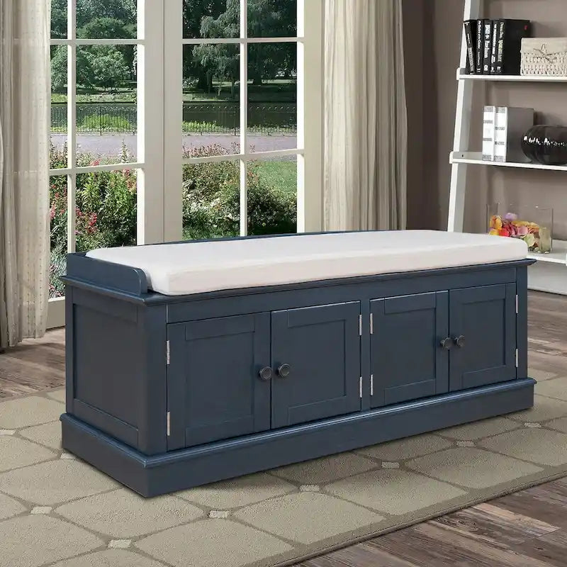Banc de rangement vintage 1 place avec 2 armoires - Gris délavé / Espresso / Bleu marine antique / Blanc