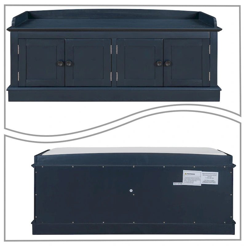 Banc de rangement vintage 1 place avec 2 armoires - Gris délavé / Espresso / Bleu marine antique / Blanc