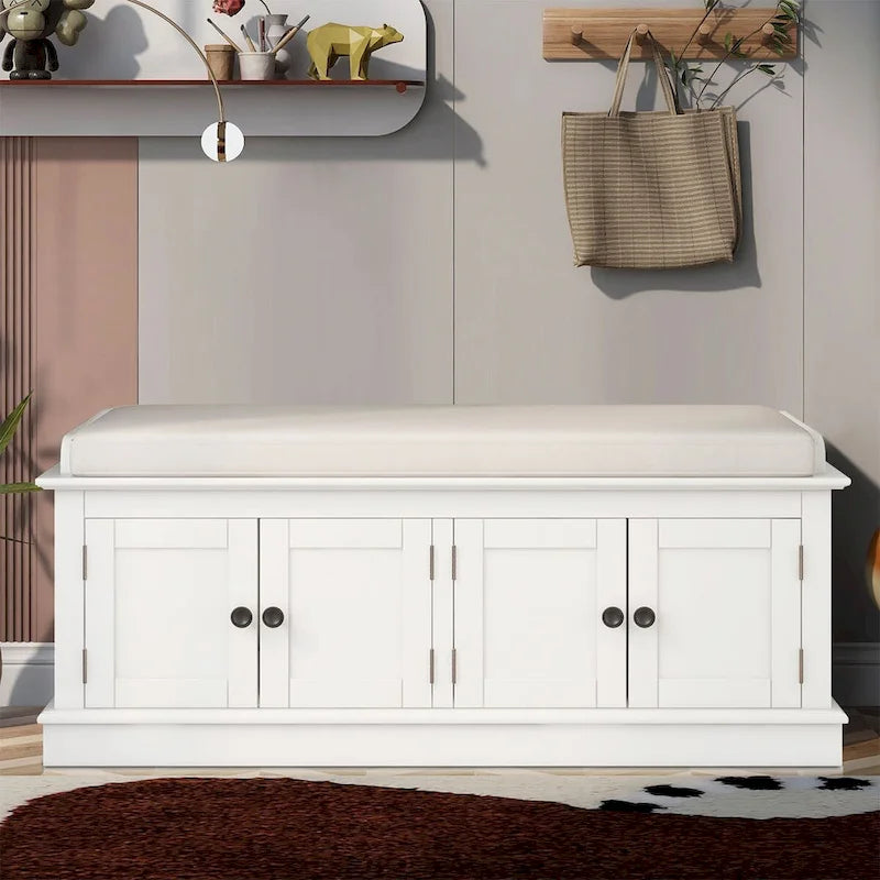 Banc de rangement vintage 1 place avec 2 armoires - Gris délavé / Espresso / Bleu marine antique / Blanc