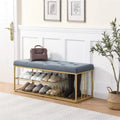 Banc de rangement capitonné en lin bleu / gris / beige – 2 places