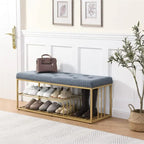 Banc de rangement capitonné en lin bleu / gris / beige – 2 places