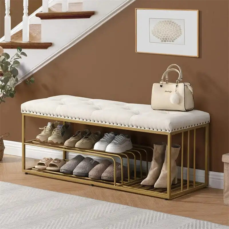 Banc de rangement capitonné en lin bleu / gris / beige – 2 places