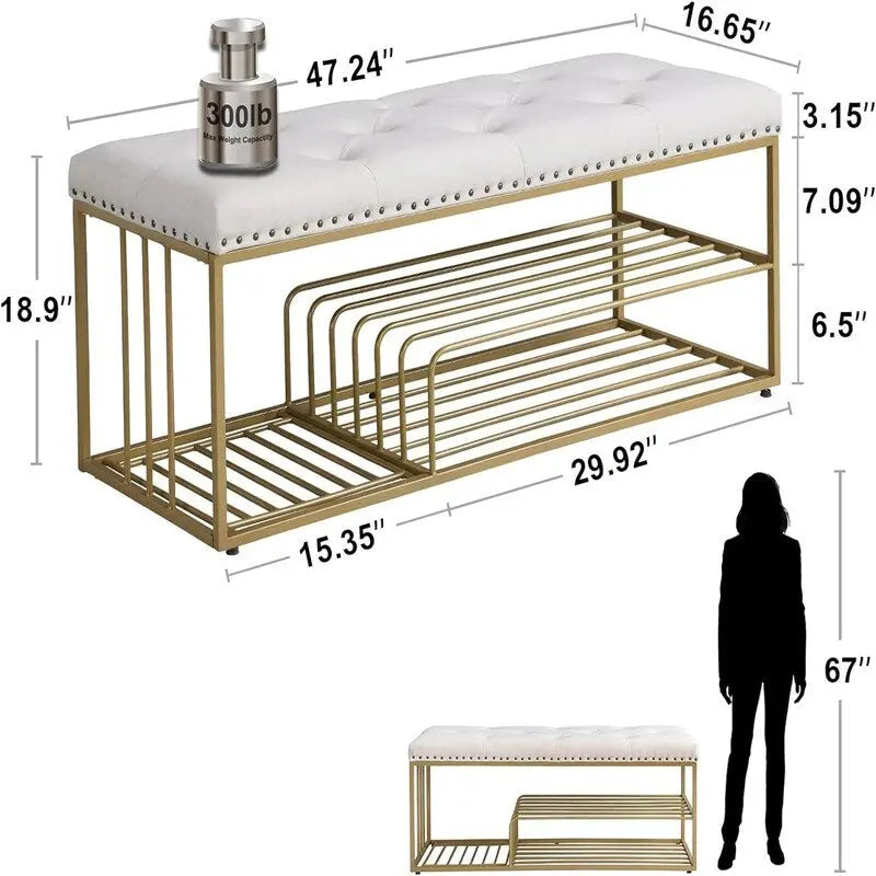 Banc de rangement capitonné en lin bleu / gris / beige – 2 places