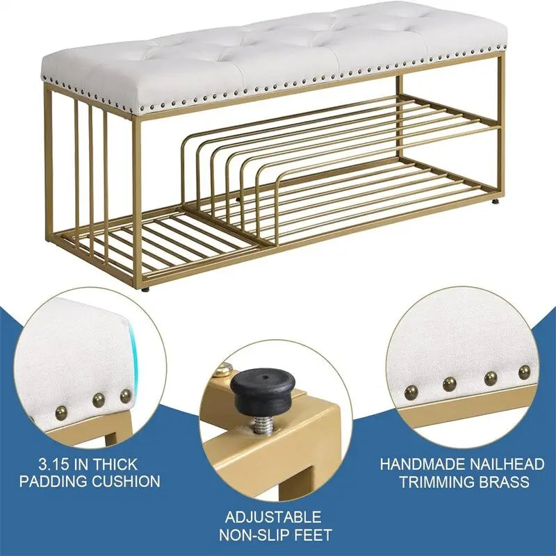 Banc de rangement capitonné en lin bleu / gris / beige – 2 places
