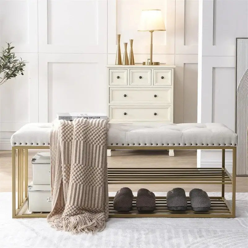 Banc de rangement capitonné en lin bleu / gris / beige – 2 places