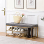 Banc de rangement capitonné en lin bleu / gris / beige – 2 places