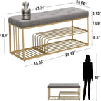Banc de rangement capitonné en lin bleu / gris / beige – 2 places