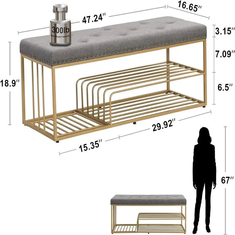 Banc de rangement capitonné en lin bleu / gris / beige – 2 places