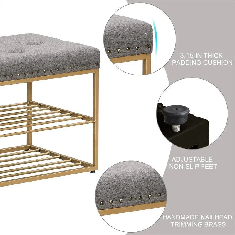 Banc de rangement capitonné en lin bleu / gris / beige – 2 places