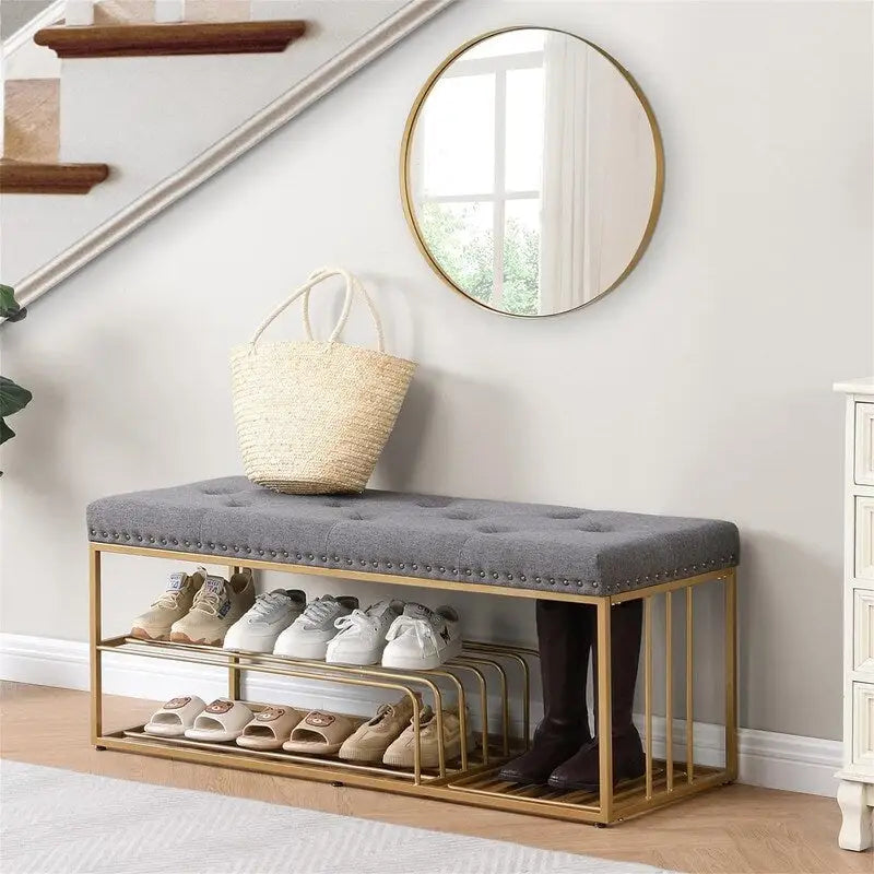 Banc de rangement capitonné en lin bleu / gris / beige – 2 places