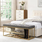 Banc de rangement capitonné en lin bleu / gris / beige – 2 places