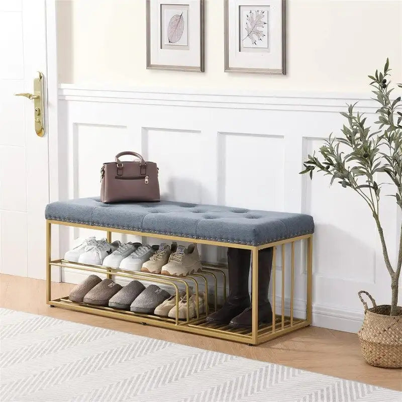 Banc de rangement capitonné en lin bleu / gris / beige – 2 places