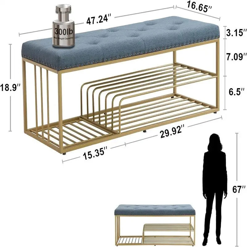 Banc de rangement capitonné en lin bleu / gris / beige – 2 places
