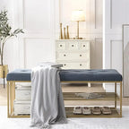 Banc de rangement capitonné en lin bleu / gris / beige – 2 places