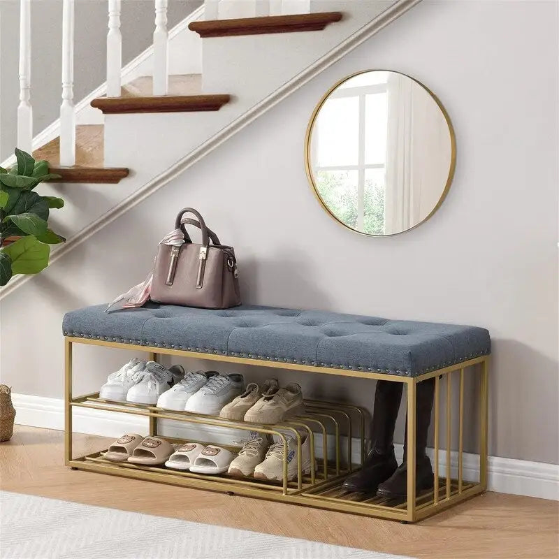 Banc de rangement capitonné en lin bleu / gris / beige – 2 places