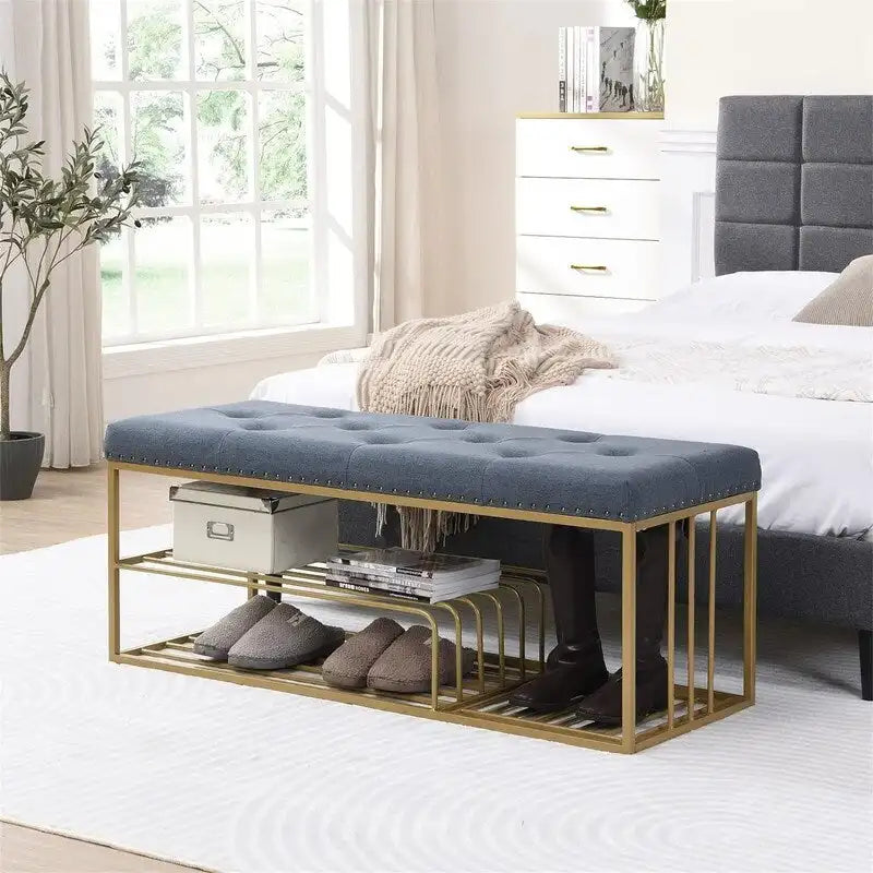 Banc de rangement capitonné en lin bleu / gris / beige – 2 places