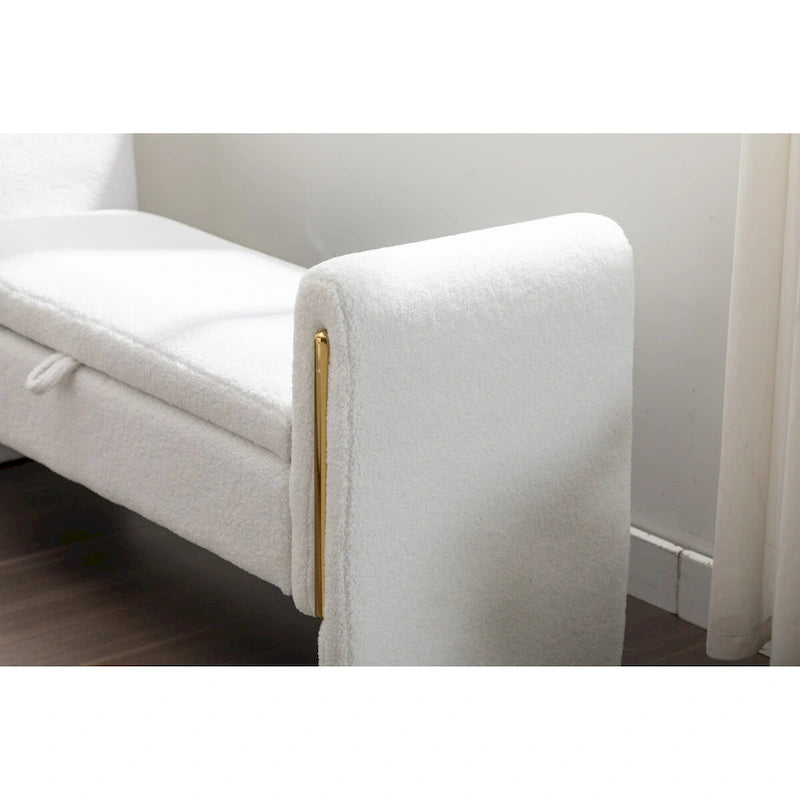 Banc de rangement 1 place en tissu bouclette ivoire/café avec liseré en métal doré