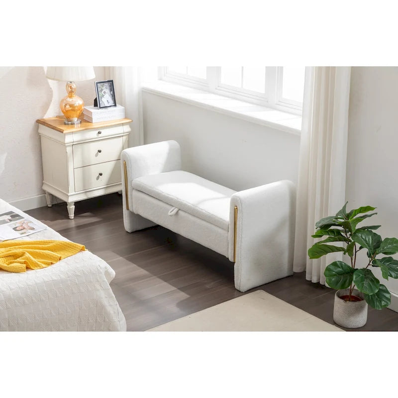 Banc de rangement 1 place en tissu bouclette ivoire/café avec liseré en métal doré