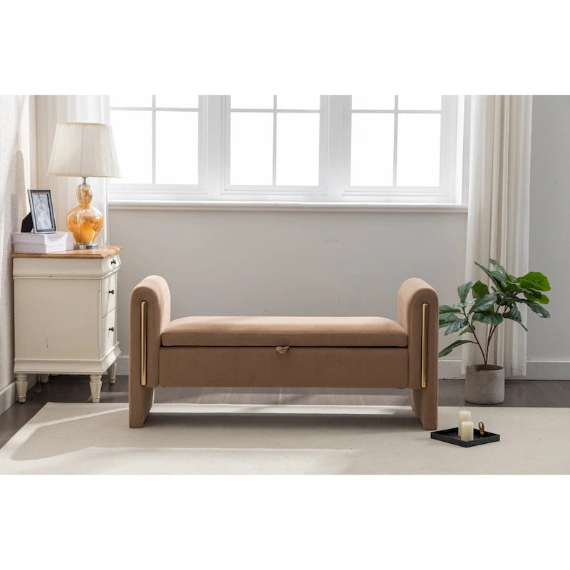 Banc de rangement 1 place en tissu bouclette ivoire/café avec liseré en métal doré