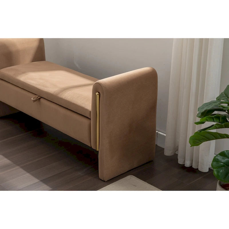 Banc de rangement 1 place en tissu bouclette ivoire/café avec liseré en métal doré