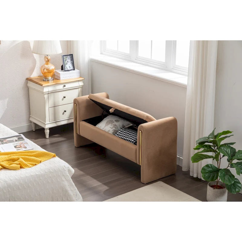 Banc de rangement 1 place en tissu bouclette ivoire/café avec liseré en métal doré