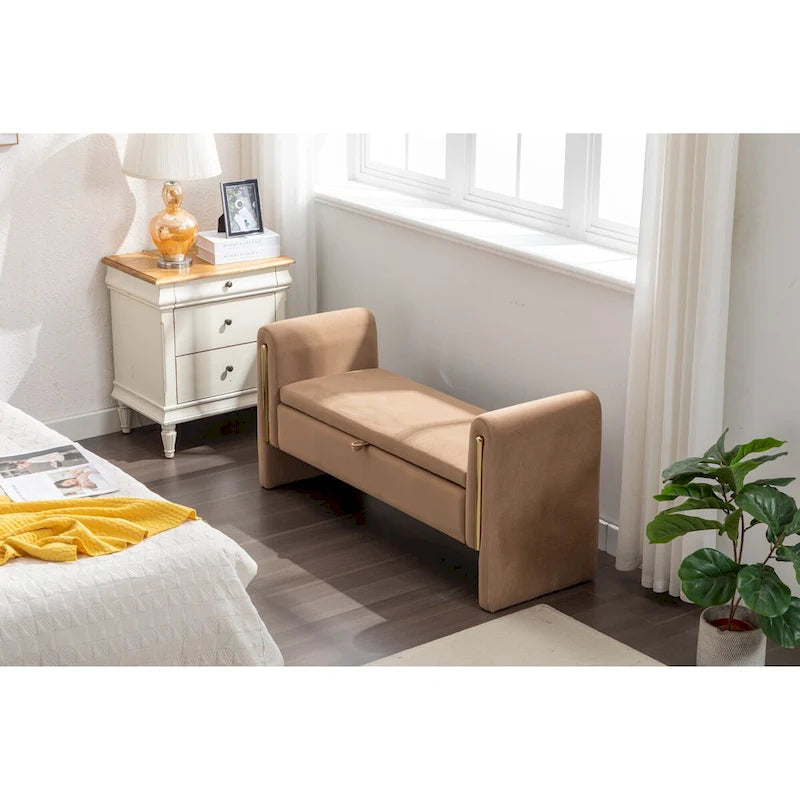 Banc de rangement 1 place en tissu bouclette ivoire/café avec liseré en métal doré