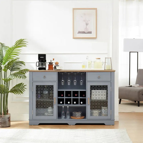 Bahut bleu clair et chêne de 142 cm avec portes vitrées et 2 tiroirs