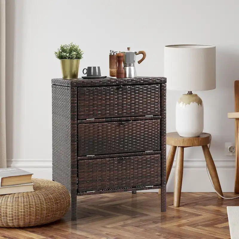 Commode de rangement en rotin brun à 3 tiroirs