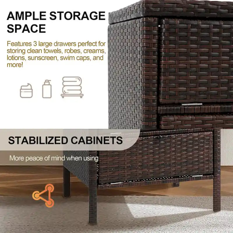 Commode de rangement en rotin brun à 3 tiroirs