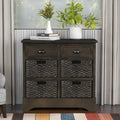 Meuble de rangement de style ferme gris clair/bleu marine antique/blanc délavé avec 2 tiroirs et 4 paniers en rotin
