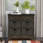 Meuble de rangement de style ferme gris clair/bleu marine antique/blanc délavé avec 2 tiroirs et 4 paniers en rotin