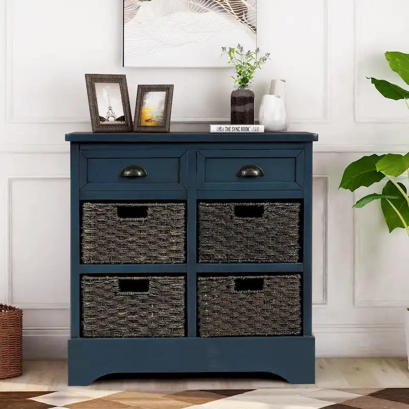 Meuble de rangement de style ferme gris clair/bleu marine antique/blanc délavé avec 2 tiroirs et 4 paniers en rotin