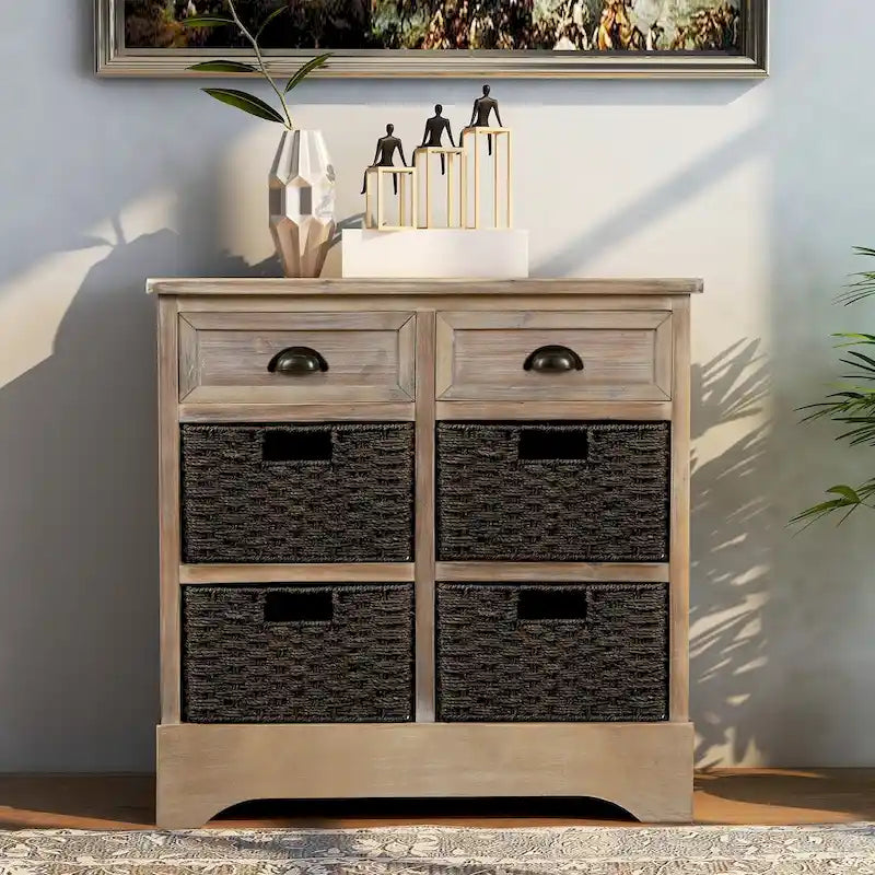 Meuble de rangement de style ferme gris clair/bleu marine antique/blanc délavé avec 2 tiroirs et 4 paniers en rotin