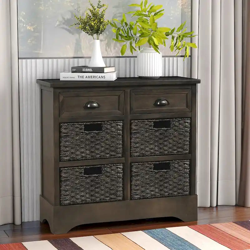 Meuble de rangement de style ferme gris clair/bleu marine antique/blanc délavé avec 2 tiroirs et 4 paniers en rotin