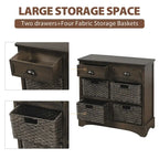 Meuble de rangement de style ferme gris clair/bleu marine antique/blanc délavé avec 2 tiroirs et 4 paniers en rotin