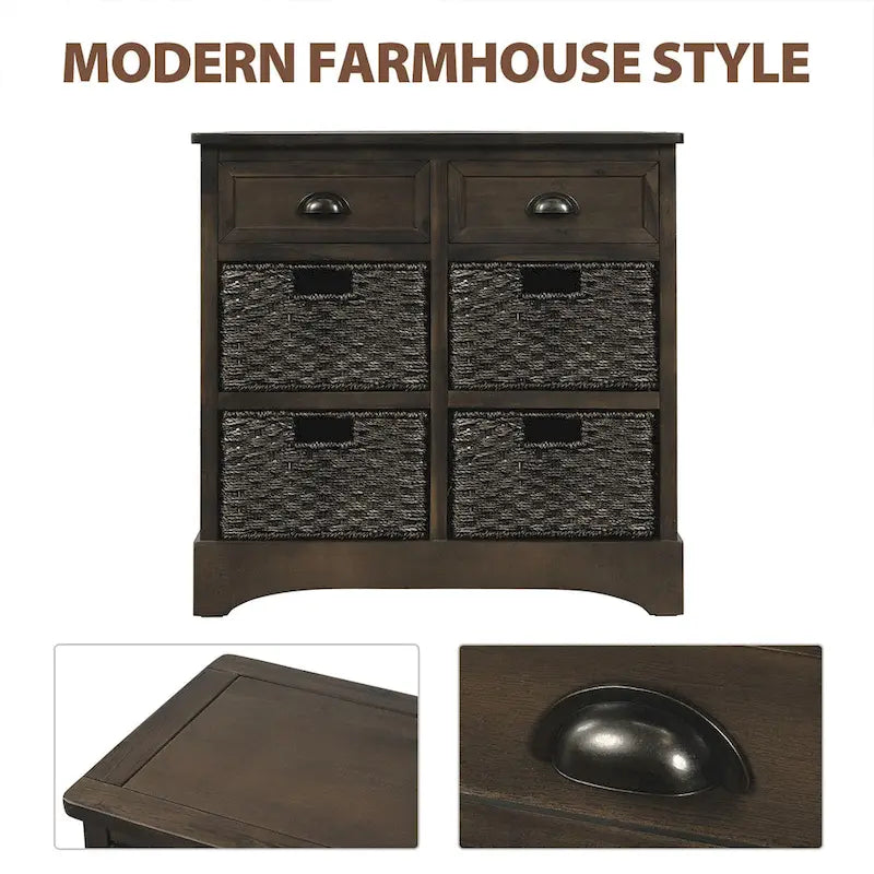 Meuble de rangement de style ferme gris clair/bleu marine antique/blanc délavé avec 2 tiroirs et 4 paniers en rotin
