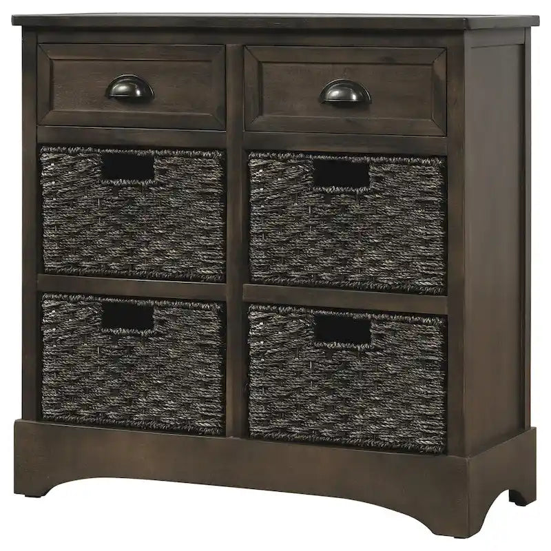 Meuble de rangement de style ferme gris clair/bleu marine antique/blanc délavé avec 2 tiroirs et 4 paniers en rotin