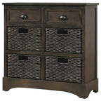 Meuble de rangement de style ferme gris clair/bleu marine antique/blanc délavé avec 2 tiroirs et 4 paniers en rotin