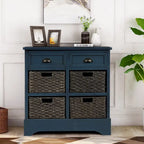 Meuble de rangement de style ferme gris clair/bleu marine antique/blanc délavé avec 2 tiroirs et 4 paniers en rotin