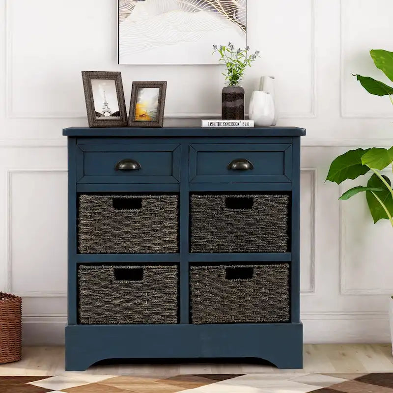 Meuble de rangement de style ferme gris clair/bleu marine antique/blanc délavé avec 2 tiroirs et 4 paniers en rotin
