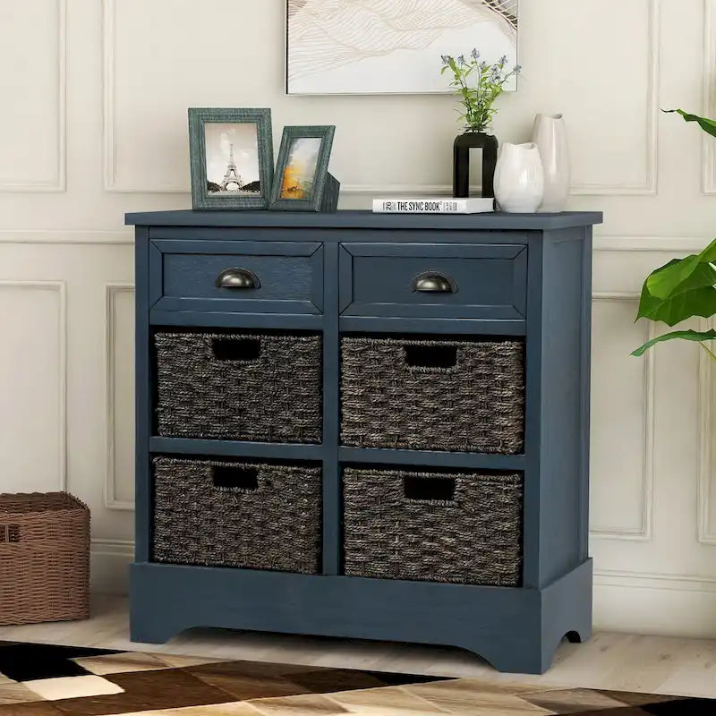Meuble de rangement de style ferme gris clair/bleu marine antique/blanc délavé avec 2 tiroirs et 4 paniers en rotin