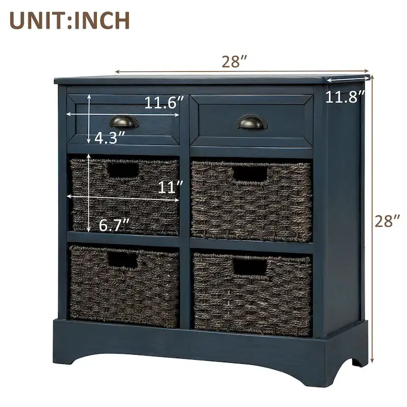 Meuble de rangement de style ferme gris clair/bleu marine antique/blanc délavé avec 2 tiroirs et 4 paniers en rotin