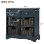 Meuble de rangement de style ferme gris clair/bleu marine antique/blanc délavé avec 2 tiroirs et 4 paniers en rotin