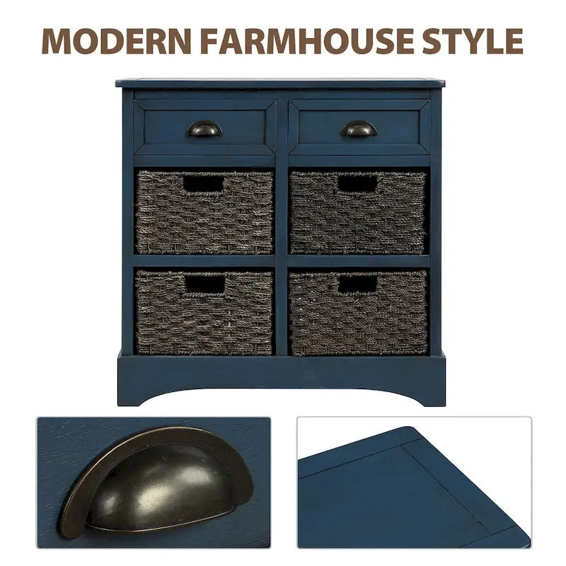 Meuble de rangement de style ferme gris clair/bleu marine antique/blanc délavé avec 2 tiroirs et 4 paniers en rotin